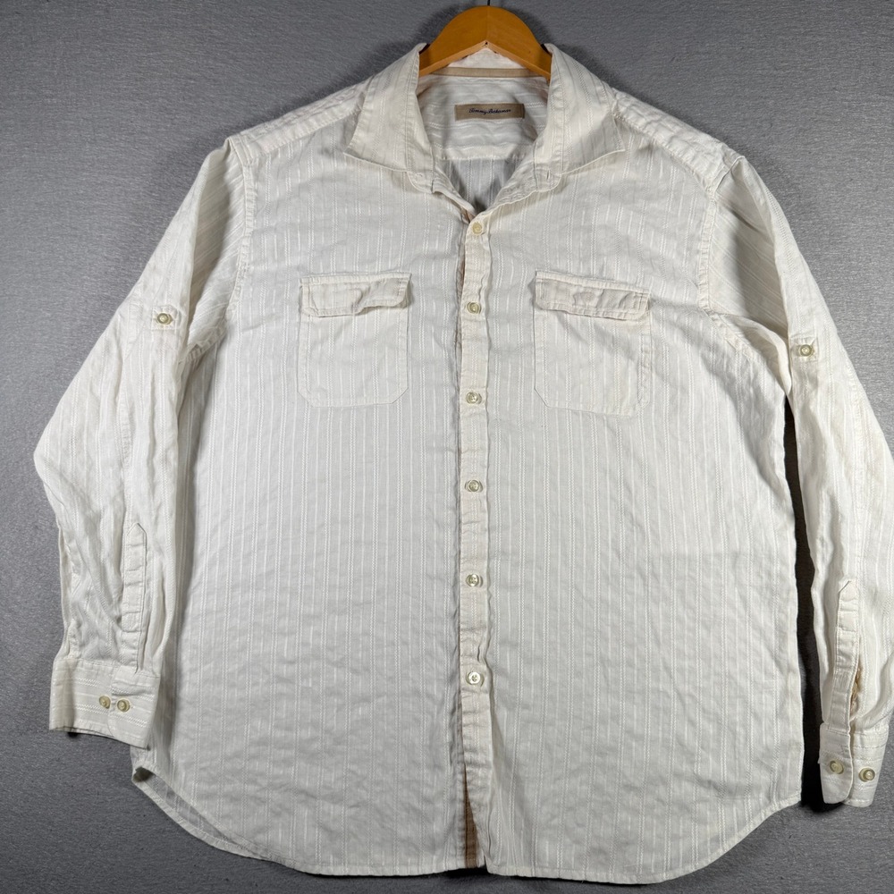 Tommy‎ Bahama Mens XL Linen Cotton Dobby Stripe Roll Tab Button Up Shirt Cream